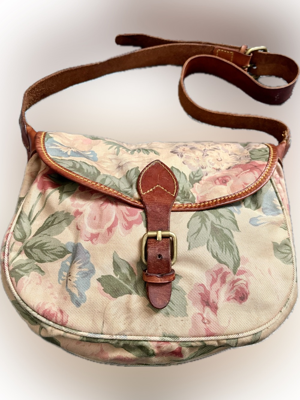 Ralph Lauren Floral Canvas Crossbody with Brown Leather Trim